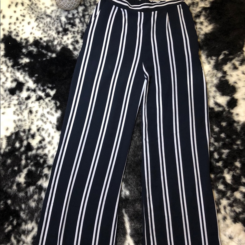 Navy Blue Wide-Legged Vertical Striped Trousers